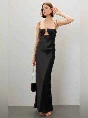 NWOT Anna October Black Satin Tulip Maxi Dress Formal Gown Medium